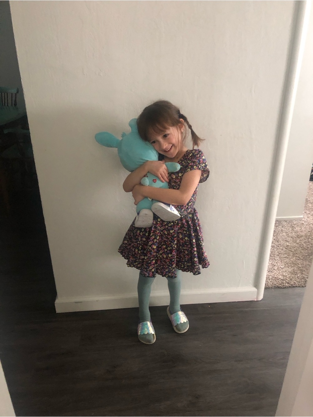 Girls' Floral Casual Dress in Navy with Teal Tights - Kids Dresses Casual